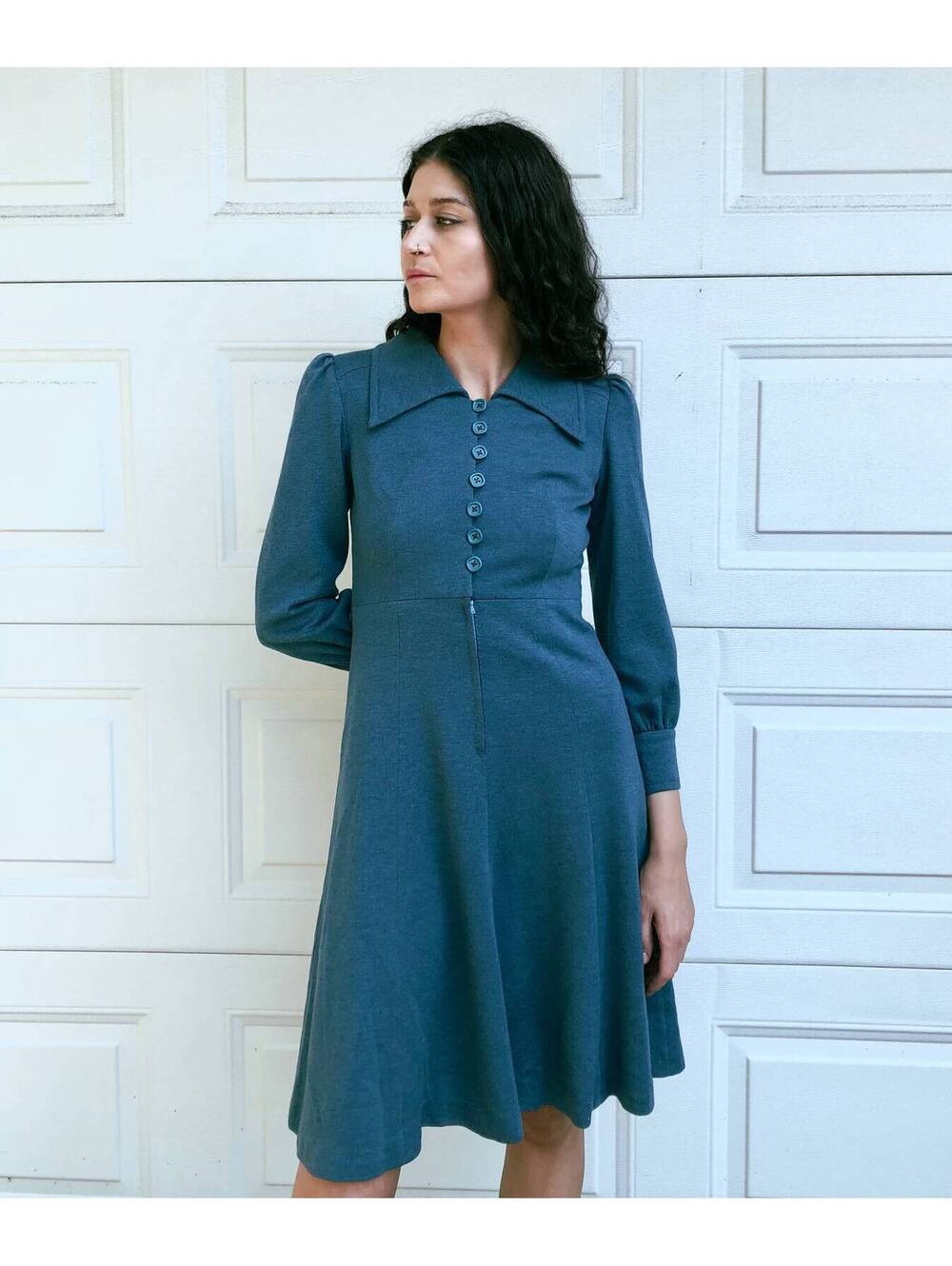 vintage 60s Day Dress Blue Green Light weight Wool Fit & Flare Button front